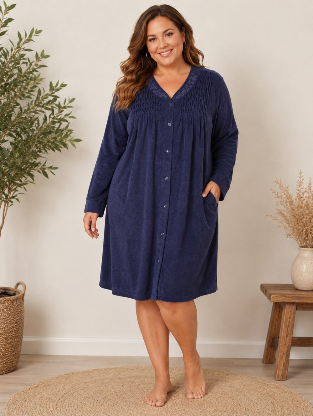 Miss Elaine Navy Blue full Snap grannycore Fuzzy Soft Housecoat. Ladies 2X